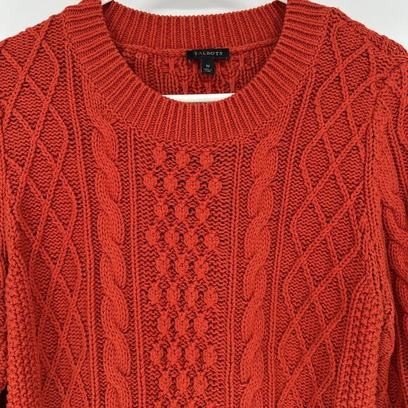 Talbots Sweater Womens Medium Rust Orange Cable Knit Pullover Wool Blend Chunky - Picture 2 of 8